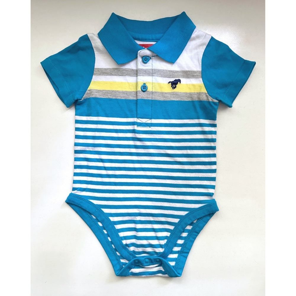 Wrangler Baby Boys Striped Polo Bodysuit Teal Blue White 6-9M Horse Logo